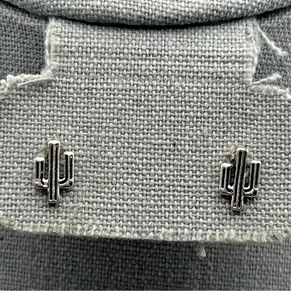 Small Novelty Silver Tone Cactus Stud Earrings Southwestern Fun Nature - Picture 2 of 9